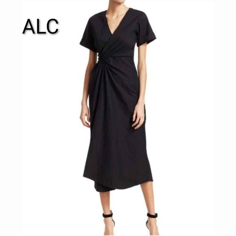 A.L.C. Edie Linen Blend Wrap Midi Dress Black V-Neck Stretch ASO Celebrity Sz 4